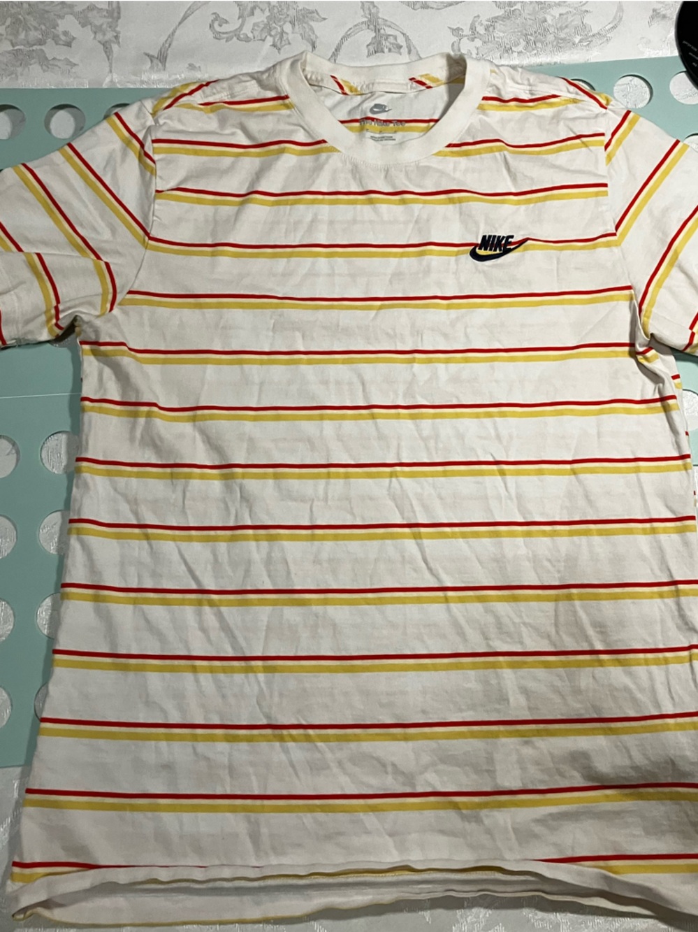 Nike men’s White Striped Tee with Red & Yellow Lines